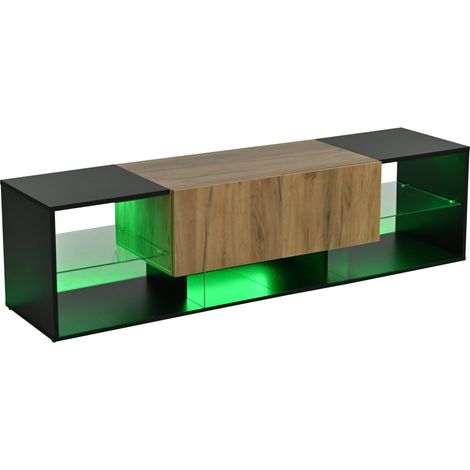 Meuble TV 3 niveaux avec LED, 2 tiroirs et plateau en verre, noir et imitation bois, 160 x 40 x 42 cm (1/5)