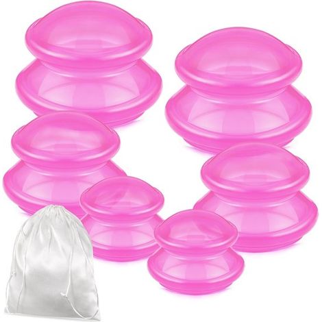 Set di 6 coppette massaggianti in silicone in 3 misure per massaggio, ideali per la terapia cinese, la cellulite e i dolori muscolari (rosa). (1/5)