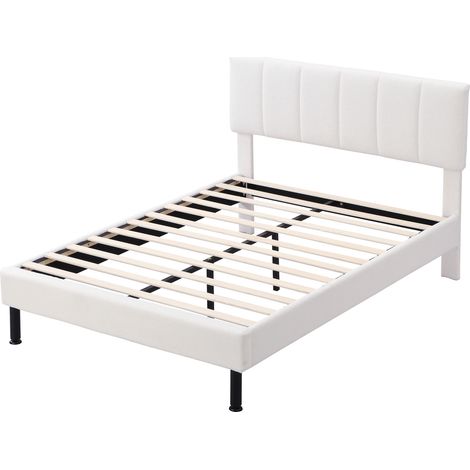 Cama tapizada 140 x 190 cm en tejido Sherpa beige con somier de lamas y patas de hierro (1/5)