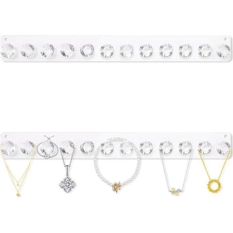 Lot de 2 supports à bijoux muraux auto-adhésifs pour colliers, en acrylique transparent, design minimaliste avec 12 crochets. (1/4)
