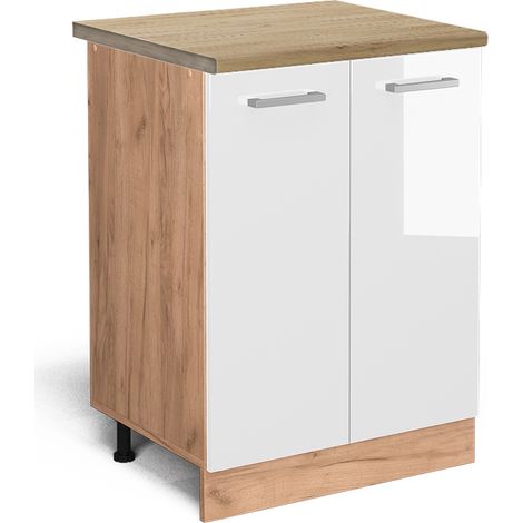 Meuble bas de cuisine R-Line, Blanc Haute brillance, 60 cm , PT Chêne, Vicco