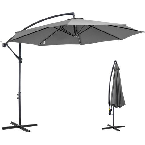 Parasol déporté octogonal enclenable manivelle avec pied en acier Ø 3 x 2,5H m gris, parfait pour profiter de l'ombre et de la protection solaire dans votre jardin, sur votre balcon ou à la plage