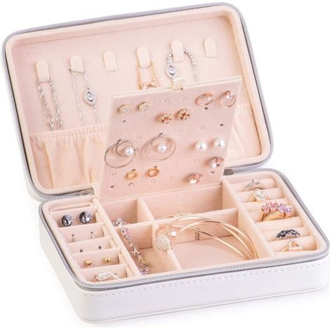 Ulisem Doppellagige Reise-Schmuckschatulle, Aufbewahrungstasche für Schmuck, Halsketten und Uhren, ideales Muttertagsgeschenk, Weiß (1/4)