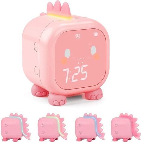 (Rosa Dinosaurier) Niedlicher digitaler Dinosaurier-Wecker für Mädchen mit Wecklicht, Nachtlicht, Musikerinnerung, Uhrzeit und Innentemperaturanzeige (Rosa) (1/4)