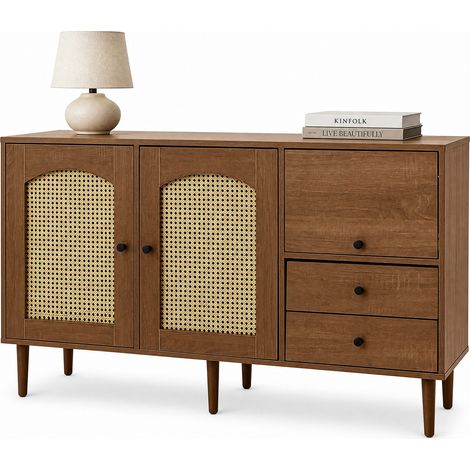 Buffet de style maison de campagne avec portes en résine tressée, étagères réglables, fermeture magnétique, 130 x 75,5 x 40 cm, bois, CHICFURN (1/5)