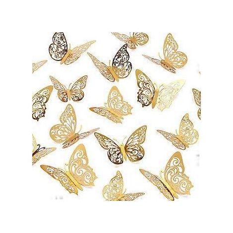 Stickers muraux papillons radieux, art en métal 3D avec moulage précis pour une décoration intérieure facile à appliquer, ensemble de 72 dorés avec pastilles adhésives double face. (1/3)