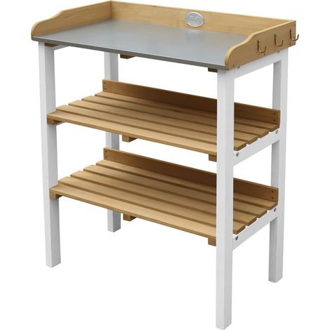Table de rempotage en bois avec étagères de rangement – Plan de travail en zinc – Hauteur ergonomique pour jardiniers – Couleur marron/blanc – AXI