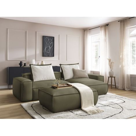 BOBOCHIC - Canapé d'angle réversible ultra moelleux BOHEME cuir végan avec pouf Vert (1/5)