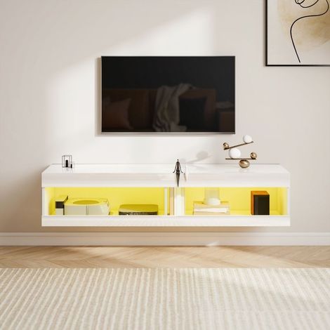 Meuble TV suspendu 140 x 40 x 30 cm, LED RGB 16 couleurs, 2 niches ouvertes, passe-câbles, blanc brillant (1/5)