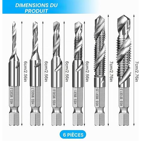 forets combinés et tarauds M3 M4 M5 M6 M8 M10 Tarauds en métal Poignée hexagonale pour métal, bois, mur, plastique (1/4)