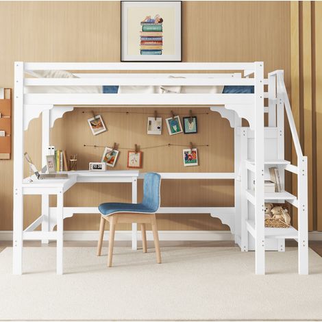 Lit 140x200 avec bureau L et rangement blanc HAVRYA (1/5)