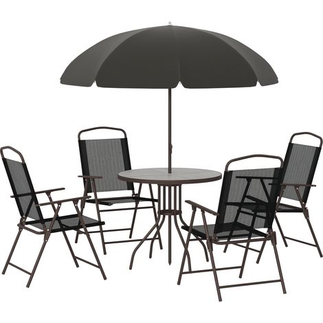 6-teiliges Outdoor-Living-Set – Runder Tisch + 4 Klappstühle + Sonnenschirm – Epoxidharz-Stahl, Café Textilène Polyester, Schwarz
