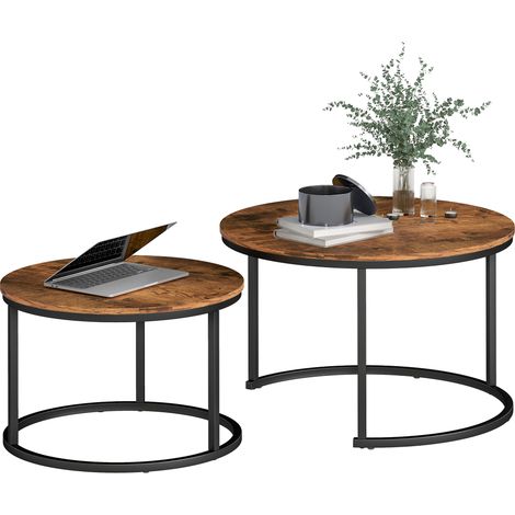 HOMCOM Marble Coffee Table Set of 2, Round Nest of Tables, Rustic Brown