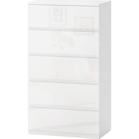 Commode moderne en bois à 5 tiroirs, anti-basculement, 55 x 33 x 100 cm, blanc brillant (1/5)