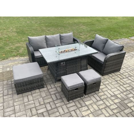 Fimous Ensemble Salon de Jardin Extérieur en polyrotin Table de foyer à gaz et Canapé Fauteuil avec 3 Tabourets Gris foncé mixte (1/5)