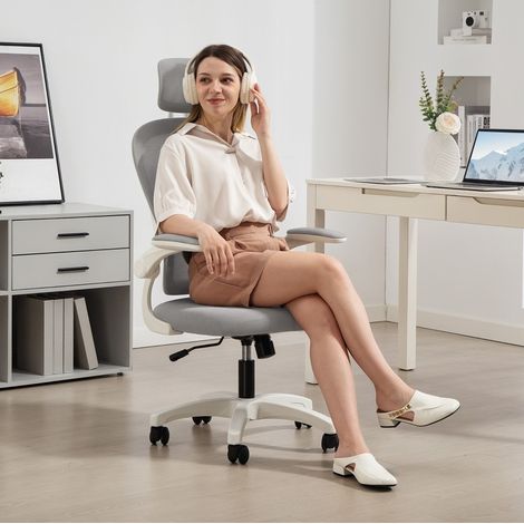 Chaise bureau ergonomique gris, accoudoirs relevables OKMYHOME (1/5)