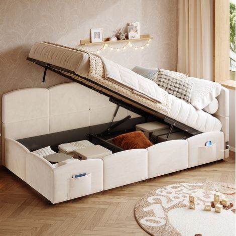 Letto singolo imbottito beige 90x190 cm in velluto, con vano contenitore idraulico, USB-A/USB-C e tasche laterali