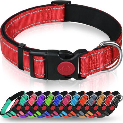 Hundehalsband, klassisches, verstellbares, reflektierendes Nylonhalsband mit weich gepolstertem, atmungsaktivem Netz für mittelgroße Hunde, M, Rot (1/5)