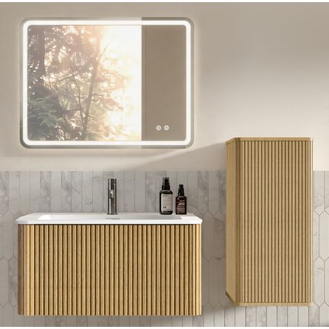 Badmöbel mit Waschtisch, LED-Spiegel und Hochschrank, Eiche HAVRYA (1/5)