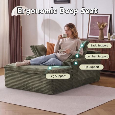 3 coussins + 1 couverture, canapé de sol avec méridienne, pour salon et détente, coloris vert (1/5)