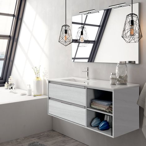 Meuble de salle de bain 120cm vasque déportée - 2 tiroirs et 2 niches - hibernian (bois blanchi) - OLYMPE