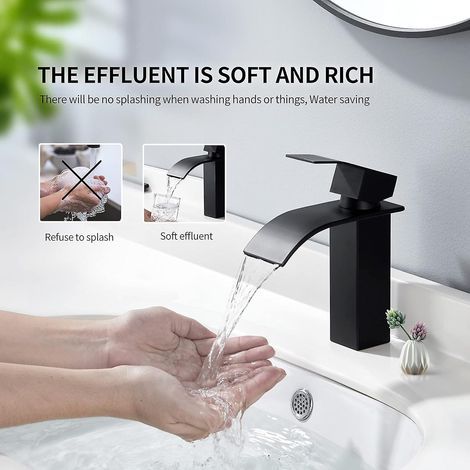 HONORNIC - Robinet de lavabo carré à poignée cascade noire, robinet de lavabo réglable eau chaude/eau froide. (1/4)