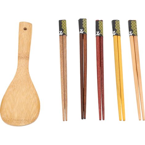 Baguettes En Bambou - Set 5 Paires Avec Cuillère À Riz - Ustensiles Naturels Pour Cuisine Et Repas - Lot De 6 Pièces (1/5)