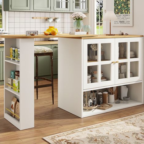 Table de bar extensible 138-204 cm avec rotation à 360°,étagère à snacks,buffet pivotant avec étagères et vitres,Buffet de cuisine,blanc (1/5)