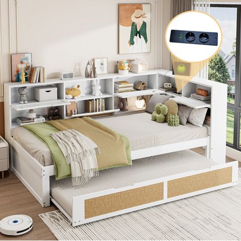 MEUBLIV Letto 90x200 cm bianco con letto estraibile, vani contenitore e USB, senza materasso (1/5)