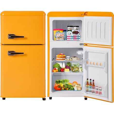 Frigorifero 60L, con 2 porte, compartimento congelatore, illuminazione LED, mensola regolabile, maniglia in metallo, stile vintage, -27-13°C - giallo