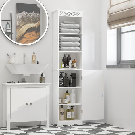 Mueble de baño tipo torre con 3 estantes ajustables en 3 niveles y 1 armario inferior grande. Tiradores en la puerta. MDF blanco. 40 x 23 x 160 cm.