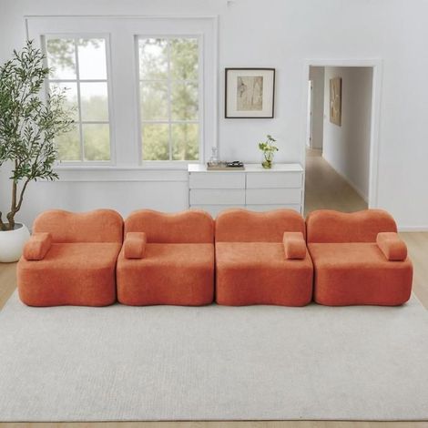 Canapé modulable - KOMHTOM - forme vague - 4 places - velours orange - assise profonde 32D (1/5)