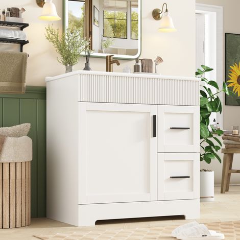 Mobile lavabo moderno con lavabo in ceramica, MDF bianco, 2 cassetti, ripiano laterale e base curva 81,5 cm (1/5)
