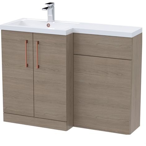Balterley Left-Hand Bathroom Vanity and WC Unit Combination with Basin - 1100mm - Woodgrain Mid Oak with Copper Handles