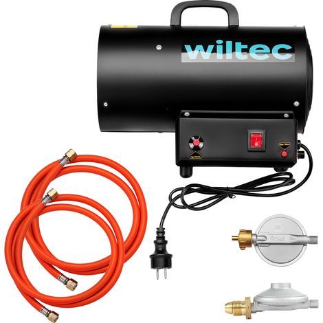 Wiltec Generatore di calore a gas GPL, 15 kW 30 W 320m³/ora, cannone aria calda con avviamento piezoelettrico, incluso riduttore di pressione del gas per Regno Unito 700 mbar con tubo da 1,5 m