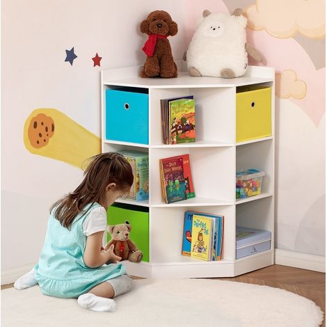 MEUBLIV Estantería esquinera infantil blanca 57,4 x 57,4 x 94 cm – 3 cestas, MDF (1/5)