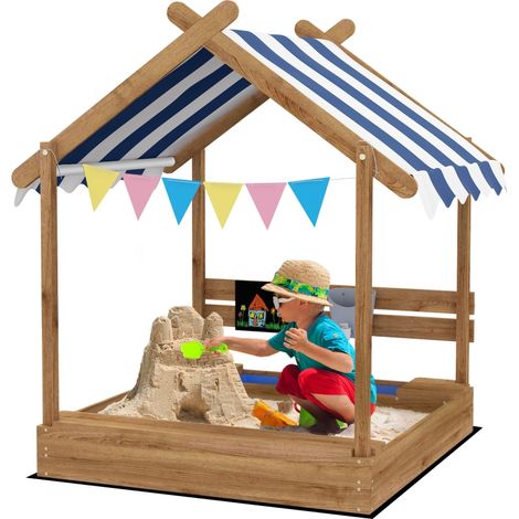 Bac à sable avec parasol, style maisonnette, avec ensemble de jouets, en bois massif traité, 124 x 116 x 146 cm, marron
