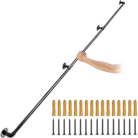 VEVOR Rampe Escalier Murale 3 m Main Courante Acier Carbone Garde-Corps Metal Capacite Charge 200 kg/Tube Rambarde en 3 Tubes 32 mm 4 Supports Muraux pour Enfants Personnes Âgees Interieur Exterieur