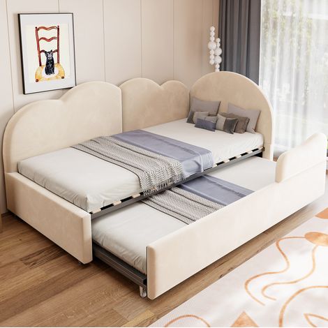 Sofá cama nido en L 90x200 cm, cabecero nube, terciopelo, convertible en 180x200 cm - beige (1/5)