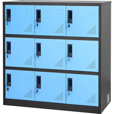 Mophorn Taquillas Metálicas de 9 Puertas 90 x 45 x 94 cm, Armario con Cerradura, Capacidad de Carga de 29,9 kg, Ventilación Integrada, Taquilla para Oficina y Gimnasio, Azul y Negro (1/5)