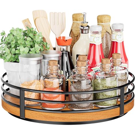Organiseur plateau tournant en bois Lazy Susan - Plateau rond en bois pour cuisine, comptoir, table à manger, garde-manger, placard, salle de bain, 28 cm (1/5)