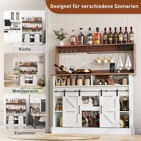 Bar à café 120 cm avec support à verres, prises intégrées (2 AC + 2 USB), meuble buffet campagnard avec rangement, armoire coulissante pour cuisine ou salon (1/5)