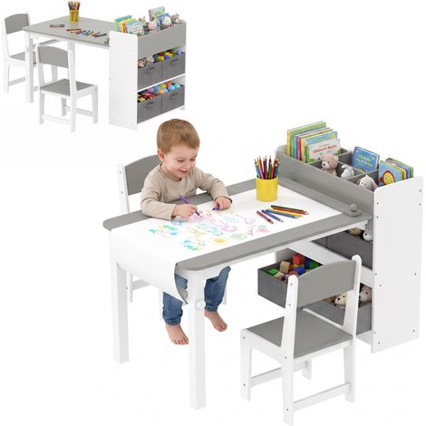Ensemble table et 2 chaises enfant en bois avec rouleau de papier, étagères et tiroirs, pour fille garçon 3-8 ans, gris (1/5)
