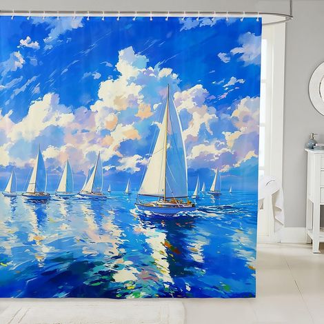 Rideau de douche de bateau à voilier, taille M, aventure nautique, rideau de bain pour enfants, adolescents, style peinture à l'huile, rideaux de bain imperméables avec 12 crochets pour - 180 x 200 cm (1/5)