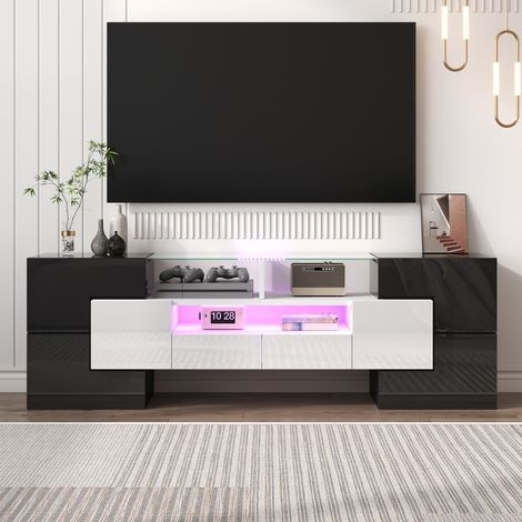 Mueble bajo para TV de 145 x 30 x 51 cm - Diseño moderno lacado en blanco y negro con LED y bandeja de cristal - Blanco y negro (1/5)
