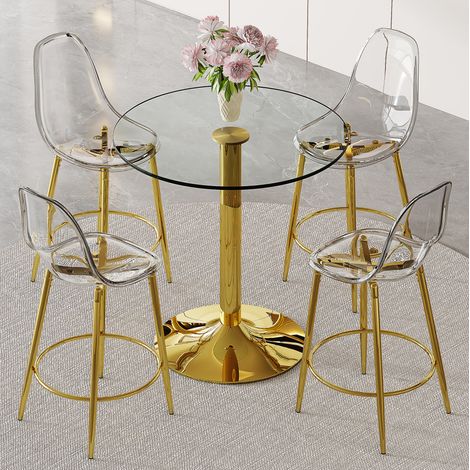 Bartisch-Set Ø 89 cm aus Klarglas und goldfarbenem Metall mit 4 Hockern – MEUBLIV (1/5)