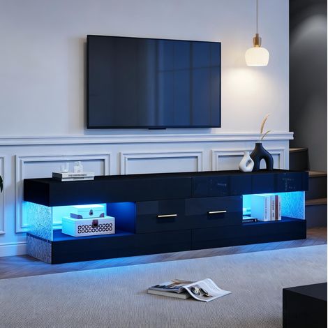 Mueble TV con LED 152x35x40 cm, con 2 cajones y 4 compartimentos, superficie negro brillo, tablero de partículas y acrílico negro (1/5)
