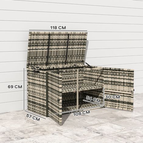 Coffre de rangement en rotin 350L à 2 niveaux, résistant aux intempéries, avec couvercle, barres de levage, poignées de transport et protection UV. Idéal pour jardin, terrasse ou balcon. Dimensions : (1/5)