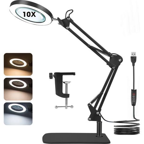 Loupe avec éclairage et socle, équipée d'une pince et d'un socle large, LED à intensité réglable, 3 modes de couleur, 10 niveaux de réglage de la luminosité, idéale pour l'appréciation et la réparatio (1/5)