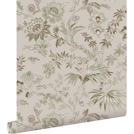 papier peint fleurs vintage vieux rose et vert olive grisé - ESTAhome (1/5)